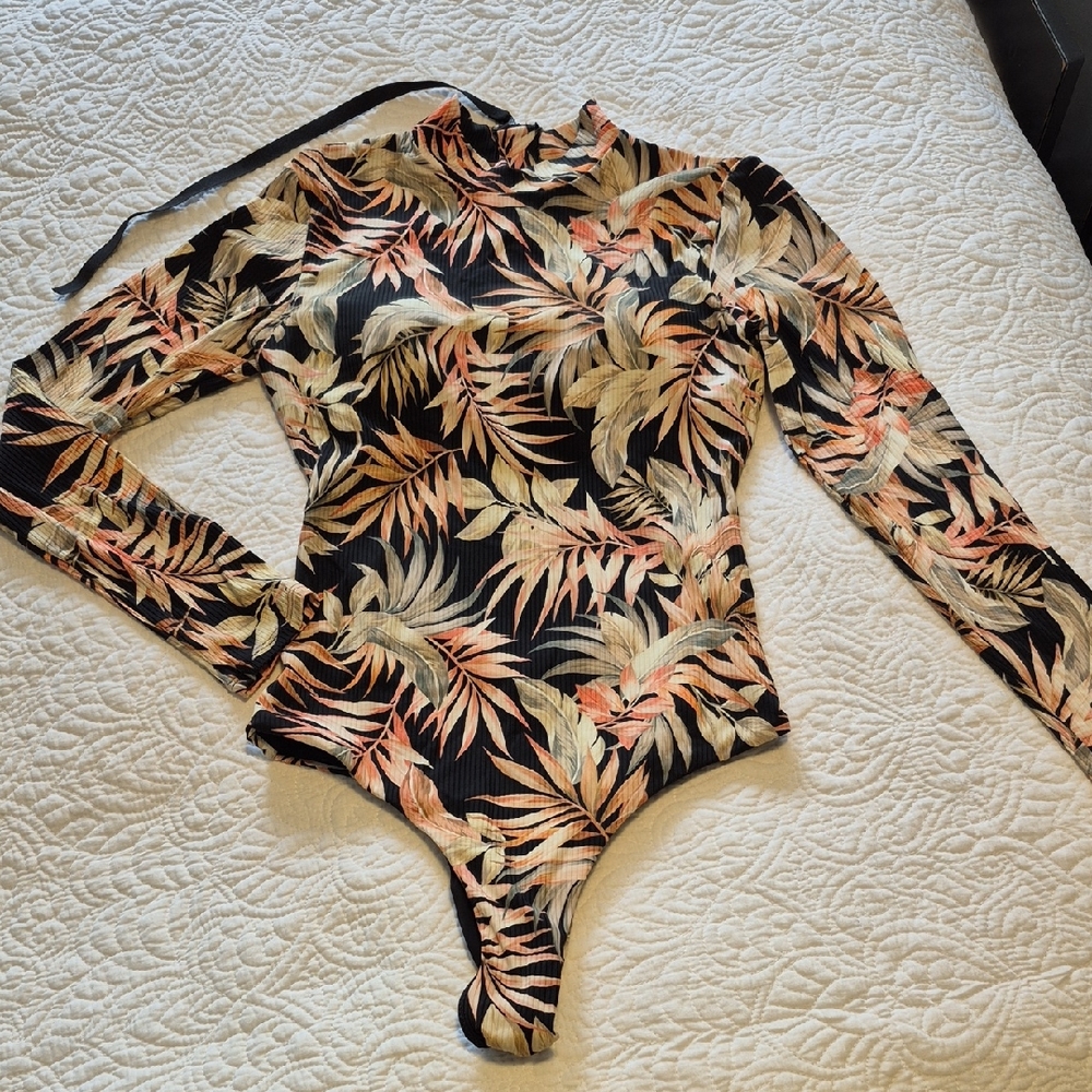 Tropical Print Long Sleeve One Piece Swimsuit